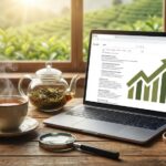 Conceptual image of SEO for tea businesses showing a laptop with search results and a growth chart alongside tea products, a magnifying glass, and a tea plantation view.