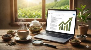 Conceptual image of SEO for tea businesses showing a laptop with search results and a growth chart alongside tea products, a magnifying glass, and a tea plantation view.