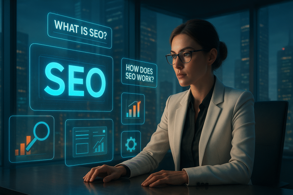 A stylish woman in a white blazer and glasses sits in a sleek, futuristic office surrounded by glowing holographic screens showing SEO icons and headlines like “What is SEO?” and “How Does SEO Work?” Modern skyscrapers shine through the large windows, creating an innovative and professional atmosphere.