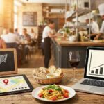 table in a restaurant with a laptop and tablet showing business growth data and a map, alongside a meal.