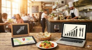 table in a restaurant with a laptop and tablet showing business growth data and a map, alongside a meal.