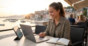 A smiling woman working remotely on a laptop at a scenic seaside cafe at sunset, with a tablet showing data charts nearby.
