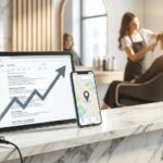 A modern beauty salon reception area with digital devices displaying positive search engine trends, representing successful strategies to get more clients through beauty salon SEO.