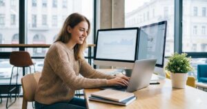 A smiling woman in a knitted sweater working on a laptop at a wooden desk in a modern office, with dual monitors displaying the Google homepage and data analytics graphs.
