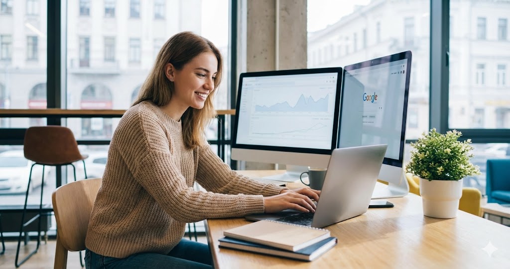 A smiling woman in a knitted sweater working on a laptop at a wooden desk in a modern office, with dual monitors displaying the Google homepage and data analytics graphs.