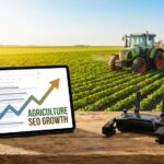 Conceptual image representing SEO for agriculture businesses, showing digital marketing growth data on a tablet surrounded by modern farming tools and fresh crops.