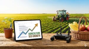 Conceptual image representing SEO for agriculture businesses, showing digital marketing growth data on a tablet surrounded by modern farming tools and fresh crops.