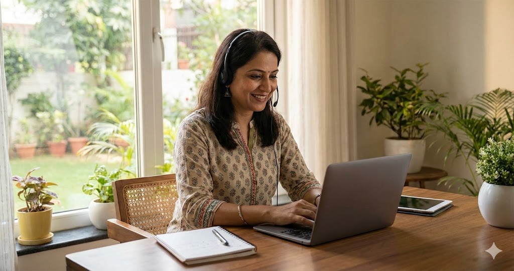 Smiling Indian woman with a headset working on a laptop in a naturally lit home office with plants.