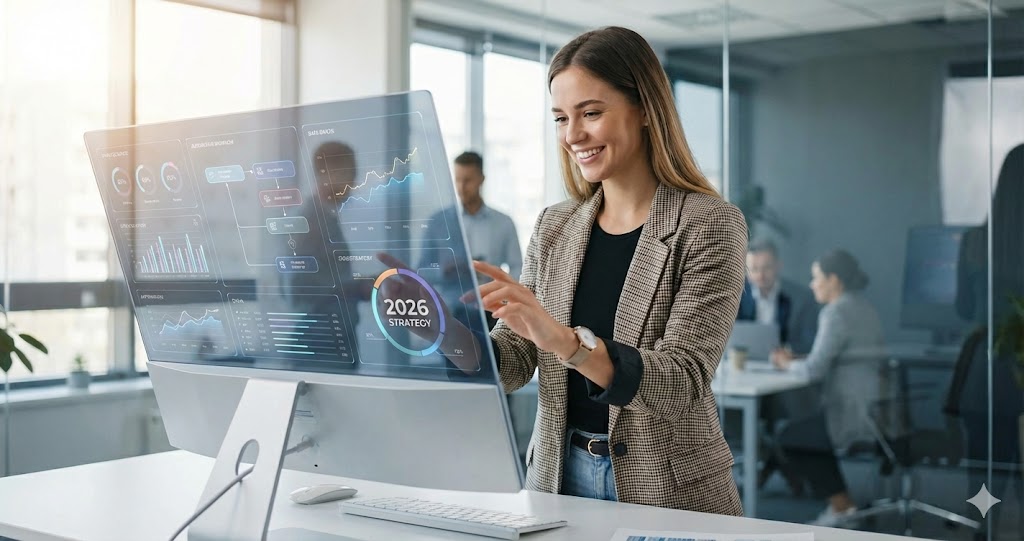 A smiling professional woman in a modern office setting, touching a futuristic transparent touchscreen monitor that displays data visualization charts, graphs, and a prominent graphic reading "2026 STRATEGY".