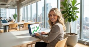 A young woman with blonde hair smiles over her shoulder while working on a laptop in a modern office. The laptop screen displays business analytics with a large green upward arrow, indicating growth, against a backdrop of large windows overlooking a city skyline.