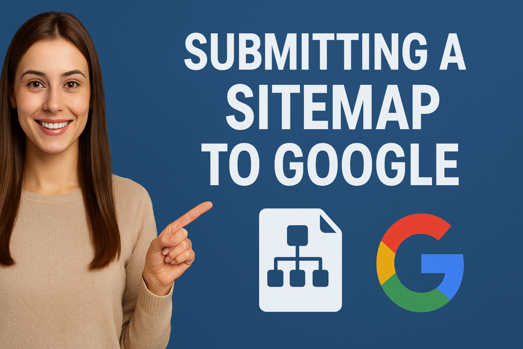 Smiling woman pointing to text that reads ‘Submitting a Sitemap to Google,’ with a sitemap icon and Google logo on a blue background.