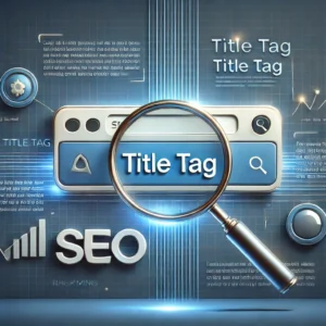 A digital illustration highlighting a "Title Tag" in a search engine result with a magnifying glass, representing SEO optimization.