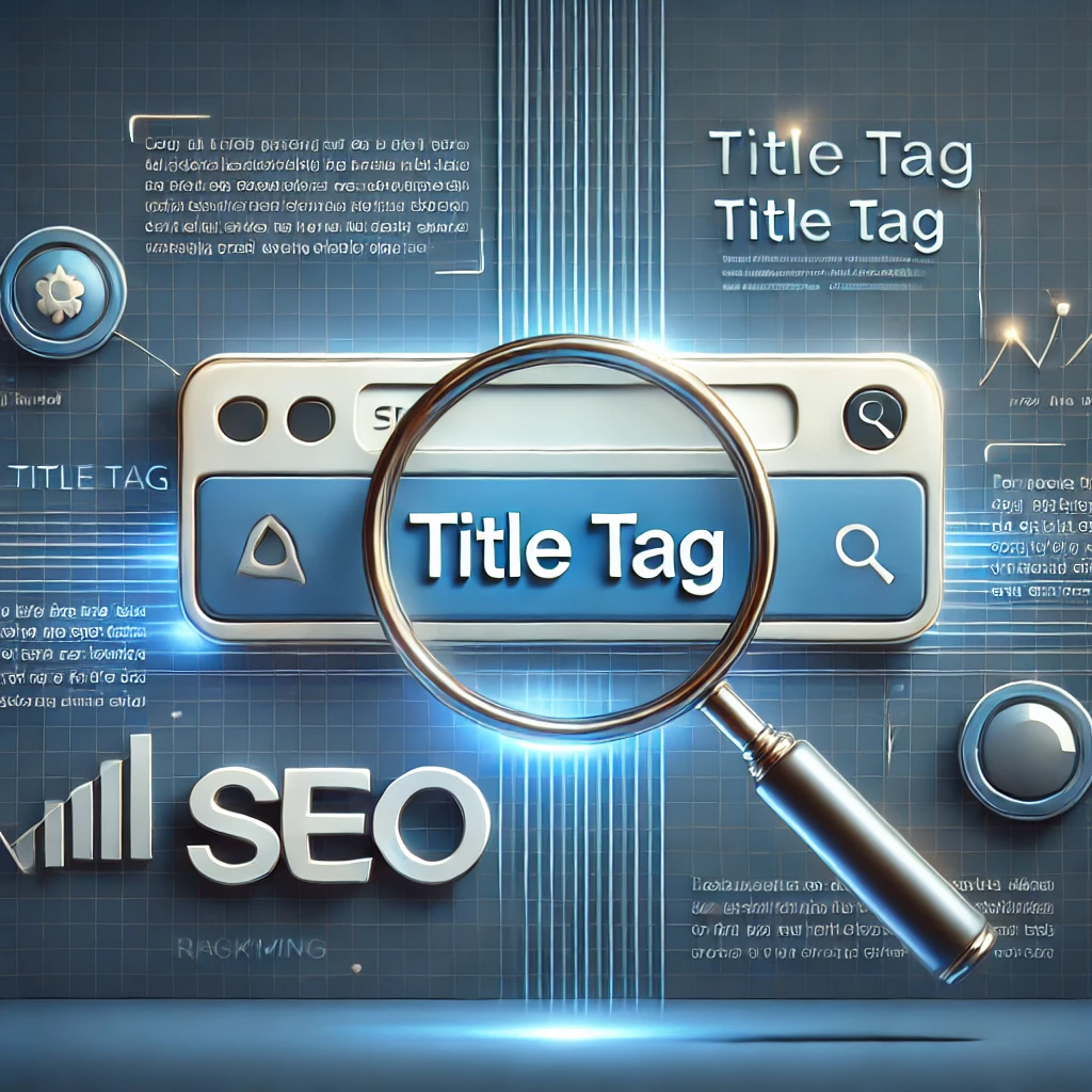 A digital illustration highlighting a "Title Tag" in a search engine result with a magnifying glass, representing SEO optimization.