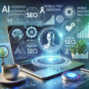 A futuristic digital representation of SEO trends in 2025, featuring AI-powered algorithms, voice search optimization, mobile-first indexing, and video SEO elements.