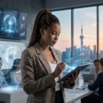 A Black woman with braided hair, wearing a blazer, uses a stylus on a tablet to interact with holographic data displays in a modern office. In the background, colleagues sit at a table, and large windows overlook a city skyline at sunset.