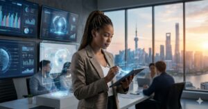 A Black woman with braided hair, wearing a blazer, uses a stylus on a tablet to interact with holographic data displays in a modern office. In the background, colleagues sit at a table, and large windows overlook a city skyline at sunset.