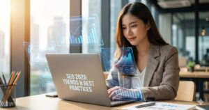 A young professional woman in a modern office is working on a laptop that displays "SEO 2026: TRENDS & BEST PRACTICES" amidst holographic data visualizations.