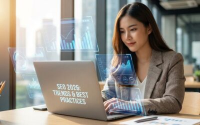 A young professional woman in a modern office is working on a laptop that displays "SEO 2026: TRENDS & BEST PRACTICES" amidst holographic data visualizations.