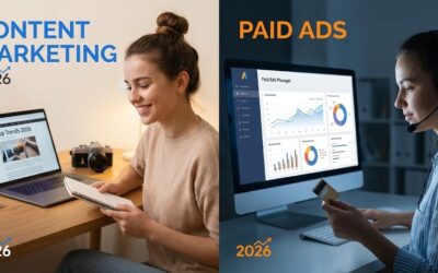 Split-screen image comparing "CONTENT MARKETING 2026" on the left with "PAID ADS 2026" on the right. On the left, a smiling woman in a beige sweater writes in a notebook next to a laptop displaying a blog post, with a camera nearby. The text "CONTENT MARKETING" is in blue. On the right, the same woman, wearing a headset and a blue shirt, looks at a computer monitor showing a "Paid Ads Manager" dashboard with charts, holding a credit card. The text "PAID ADS" is in orange. Both sides feature the year "2026" prominently.