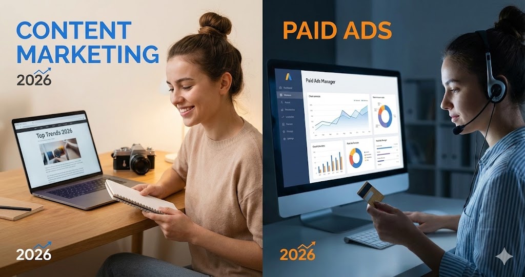 Split-screen image comparing "CONTENT MARKETING 2026" on the left with "PAID ADS 2026" on the right. On the left, a smiling woman in a beige sweater writes in a notebook next to a laptop displaying a blog post, with a camera nearby. The text "CONTENT MARKETING" is in blue. On the right, the same woman, wearing a headset and a blue shirt, looks at a computer monitor showing a "Paid Ads Manager" dashboard with charts, holding a credit card. The text "PAID ADS" is in orange. Both sides feature the year "2026" prominently.