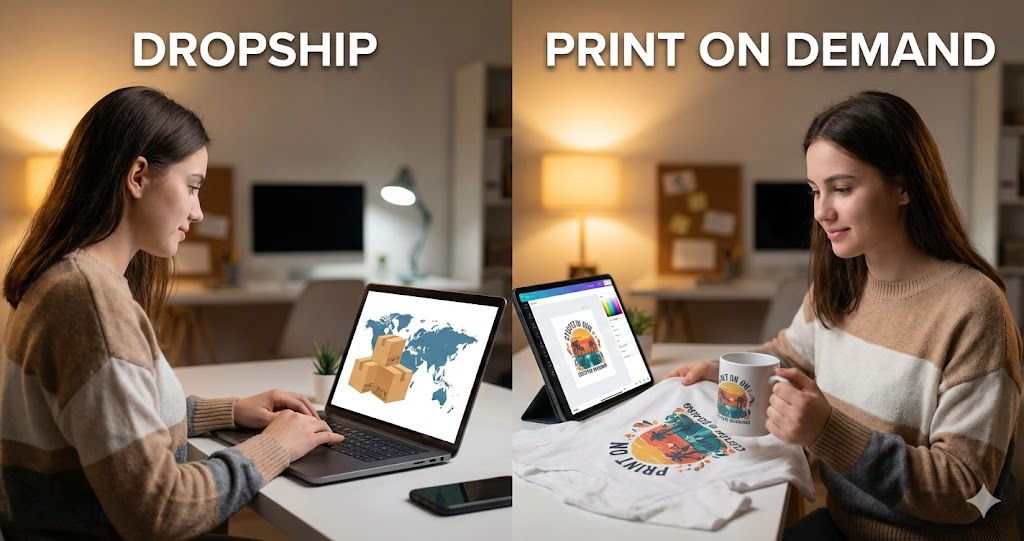 Split-screen comparison image titled "DROPSHIP" on the left and "PRINT ON DEMAND" on the right. On the left side, a woman works on a laptop displaying global shipping boxes; on the right side, she holds a custom-printed t-shirt and mug while designing on a tablet in a home office setting.