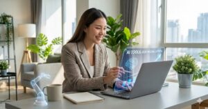 A smiling professional woman in a sunlit office, using a stylus to interact with a holographic display projecting from her laptop. The hologram shows charts, a brain icon, and the text "AI TOOLS: 2026 INCOME GROWTH". A small holographic robotic arm model is on the desk beside her.