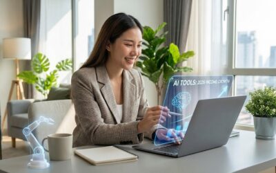 A smiling professional woman in a sunlit office, using a stylus to interact with a holographic display projecting from her laptop. The hologram shows charts, a brain icon, and the text "AI TOOLS: 2026 INCOME GROWTH". A small holographic robotic arm model is on the desk beside her.