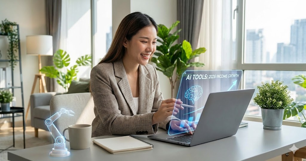 A smiling professional woman in a sunlit office, using a stylus to interact with a holographic display projecting from her laptop. The hologram shows charts, a brain icon, and the text "AI TOOLS: 2026 INCOME GROWTH". A small holographic robotic arm model is on the desk beside her.