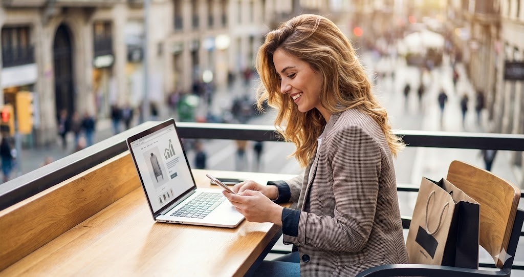 A smiling young woman working on a laptop in a modern, sunlit home office, looking at a smartphone, representing a successful online business or affiliate marketing lifestyle.