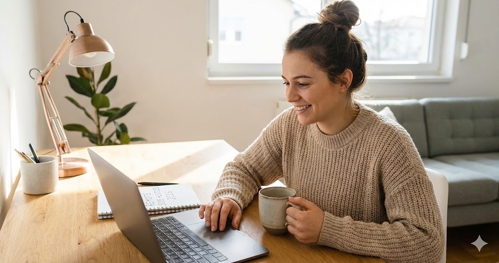 A smiling woman in a knitted sweater sitting at a home desk, working on a laptop and holding a mug, with a notebook beside her containing the handwritten text "REMOTE SIDE HUSTLES 2026".
