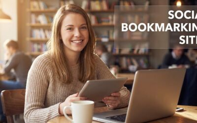 Smiling woman holding a tablet and sitting at a desk with a laptop in a library setting, with a text overlay in the top right corner that reads "SOCIAL BOOKMARKING SITES".