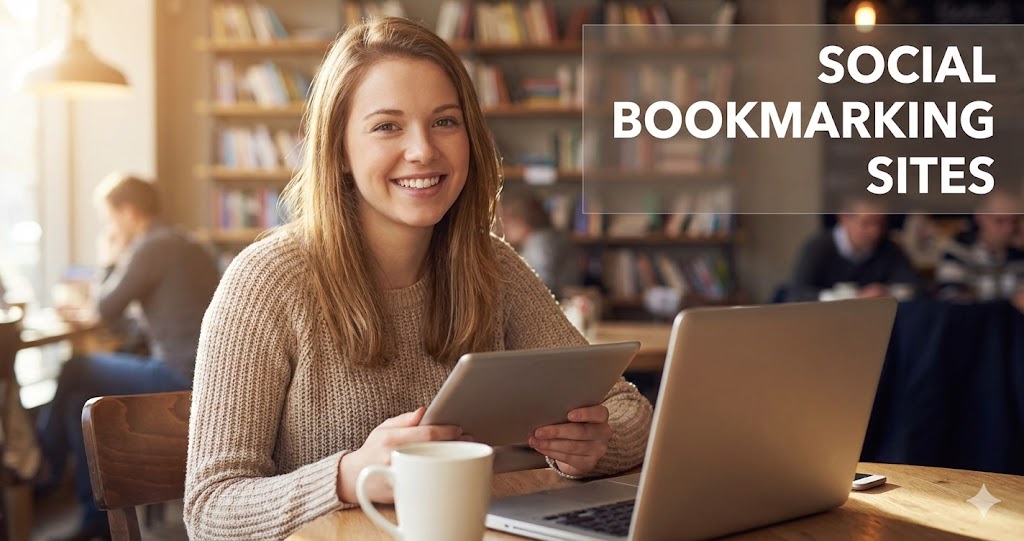 Smiling woman holding a tablet and sitting at a desk with a laptop in a library setting, with a text overlay in the top right corner that reads "SOCIAL BOOKMARKING SITES".