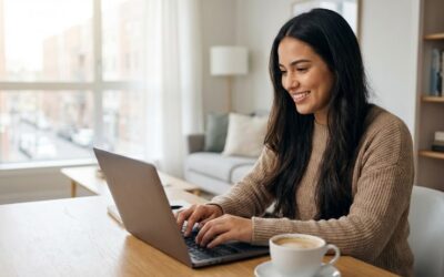 A smiling woman with long dark hair in a knitted sweater is typing on a laptop at a wooden desk with a coffee cup in a sunlit living room.