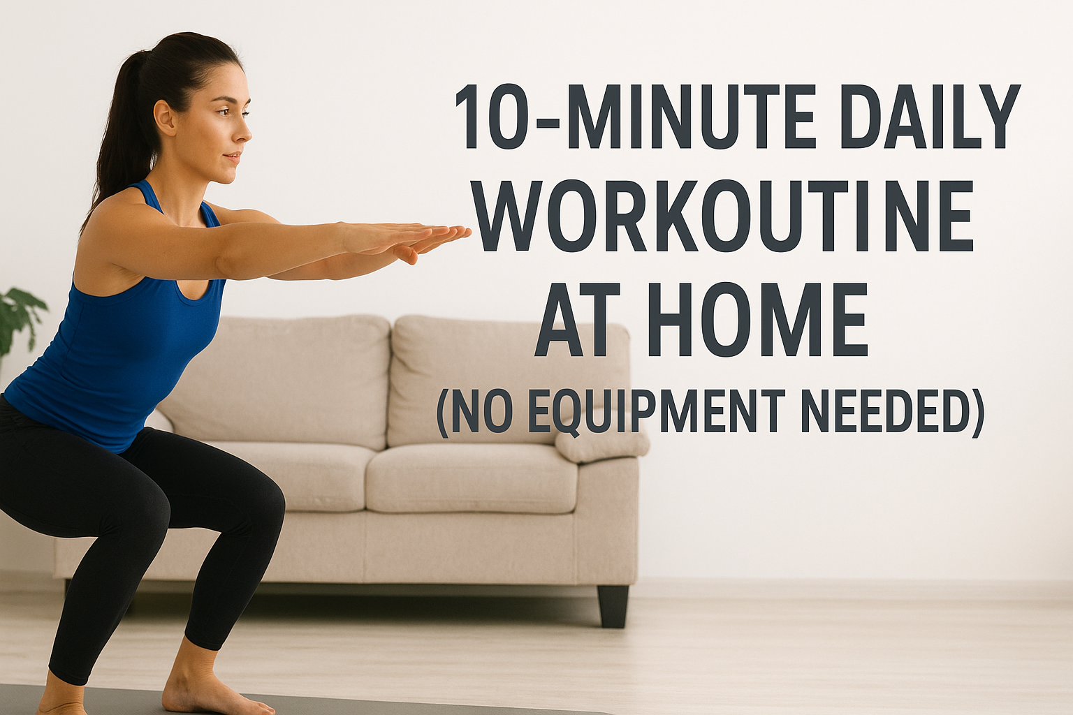 A woman in a blue tank top performing a squat on a yoga mat in her living room, with text reading “10-Minute Daily Workout Routine at Home (No Equipment Needed).”