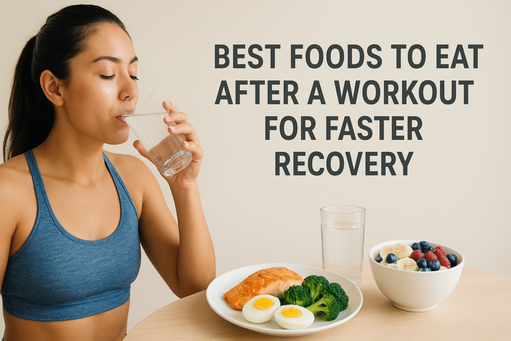 A fit woman in a blue sports bra drinks water after a workout, sitting at a table with a healthy post-workout meal including boiled eggs, broccoli, grilled salmon, and a bowl of yogurt with berries. Text on the right reads - Best Foods to Eat After a Workout for Faster Recovery.