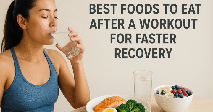 A fit woman in a blue sports bra drinks water after a workout, sitting at a table with a healthy post-workout meal including boiled eggs, broccoli, grilled salmon, and a bowl of yogurt with berries. Text on the right reads - Best Foods to Eat After a Workout for Faster Recovery.