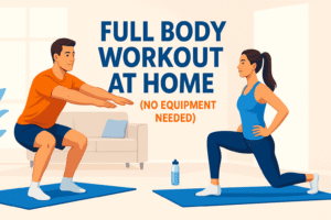 Man and woman doing full body workout at home without equipment on yoga mats in a bright room fitness blog illustration.