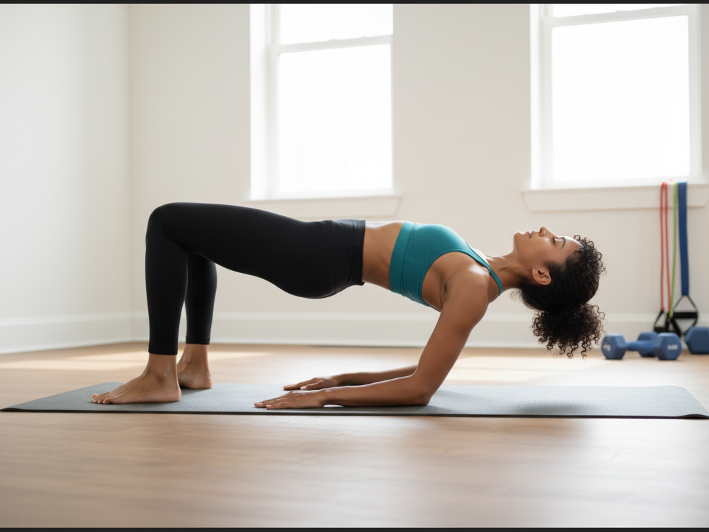 A woman with dark, curly hair in a teal sports bra and black leggings performs a glute bridge on a yoga mat. She is lying on her back with knees bent and feet flat, lifting her hips towards the ceiling, looking upwards.
