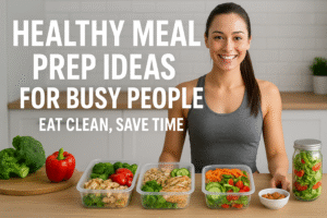A smiling woman in a gray athletic tank top stands behind a kitchen counter with neatly arranged meal prep containers filled with colorful vegetables, grilled chicken, and salads. The image includes the text - Healthy Meal Prep Ideas for Busy People – Eat Clean, Save Time.