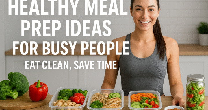 A smiling woman in a gray athletic tank top stands behind a kitchen counter with neatly arranged meal prep containers filled with colorful vegetables, grilled chicken, and salads. The image includes the text - Healthy Meal Prep Ideas for Busy People – Eat Clean, Save Time.