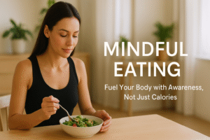 A calm young woman in a black tank top sits at a wooden table, mindfully eating a fresh green salad in a bright, cozy room with plants in the background. The text overlay reads “Mindful Eating – Fuel Your Body with Awareness, Not Just Calories.”