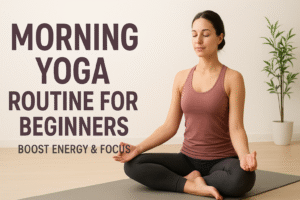 women practicing yoga at sunrise on a mat, surrounded by a calm outdoor setting, with text overlay “Morning Yoga Routine for Beginners – Boost Energy & Focus.”