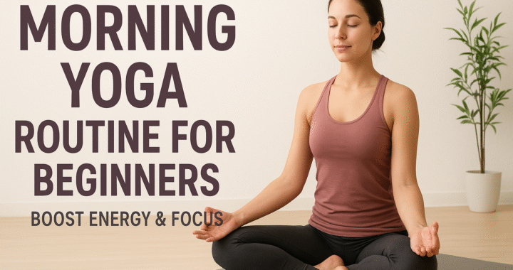 women practicing yoga at sunrise on a mat, surrounded by a calm outdoor setting, with text overlay “Morning Yoga Routine for Beginners – Boost Energy & Focus.”