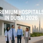 Modern Dubai hospital exterior with doctors and international patients walking together, Dubai skyline in the background, text “Premium Hospitals in Dubai 2026” displayed on the image.