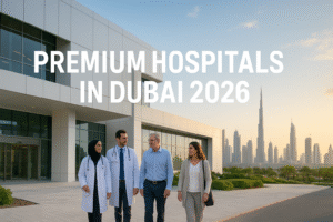 Modern Dubai hospital exterior with doctors and international patients walking together, Dubai skyline in the background, text “Premium Hospitals in Dubai 2026” displayed on the image.