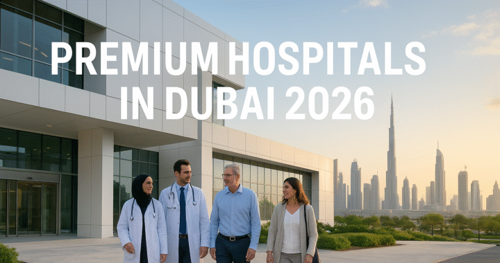 Modern Dubai hospital exterior with doctors and international patients walking together, Dubai skyline in the background, text “Premium Hospitals in Dubai 2026” displayed on the image.