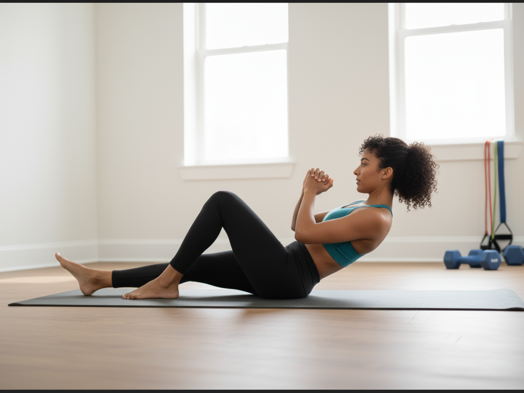 A woman with dark, curly hair in a teal sports bra and black leggings sits on a yoga mat with her knees bent and feet flat, leaning back slightly in a Russian twist position. Her hands are clasped in front of her chest, and she is looking to her side.