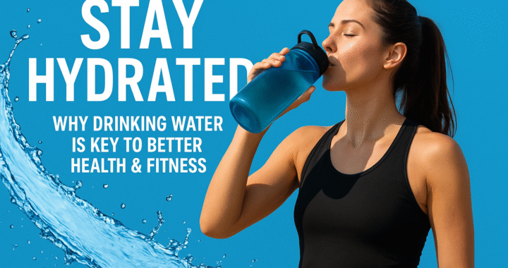 A fit young woman in a black workout tank top drinks water from a blue fitness bottle against a bright blue background with water splash effects. The text reads “Stay Hydrated – Why Drinking Water Is Key to Better Health & Fitness.