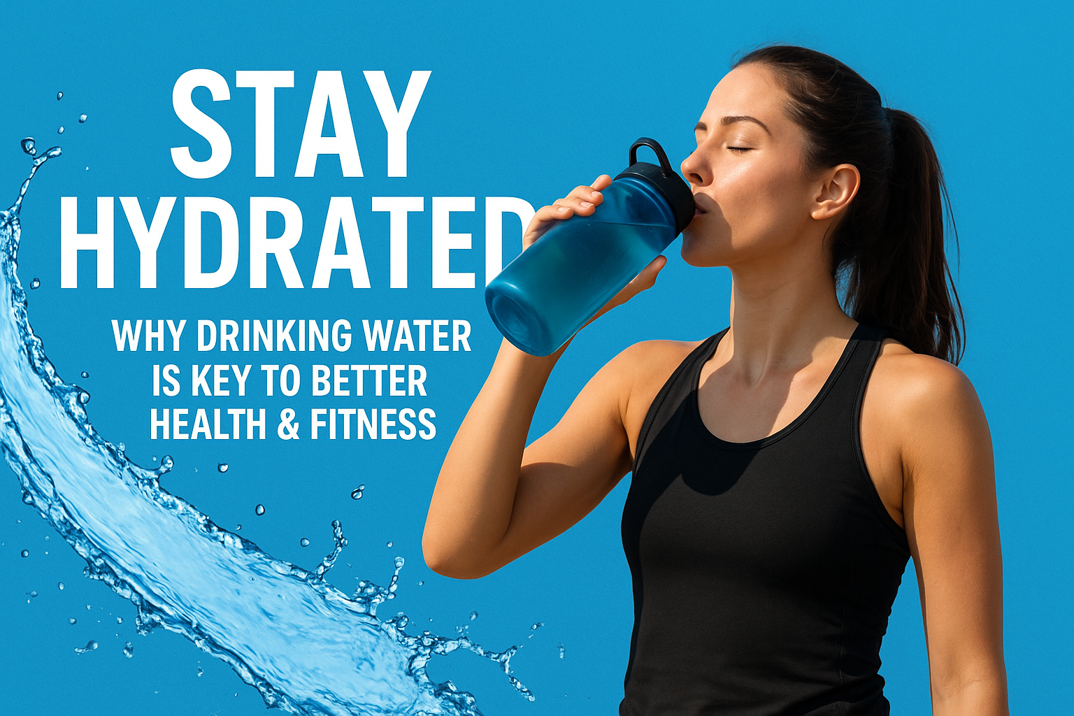 A fit young woman in a black workout tank top drinks water from a blue fitness bottle against a bright blue background with water splash effects. The text reads “Stay Hydrated – Why Drinking Water Is Key to Better Health & Fitness.