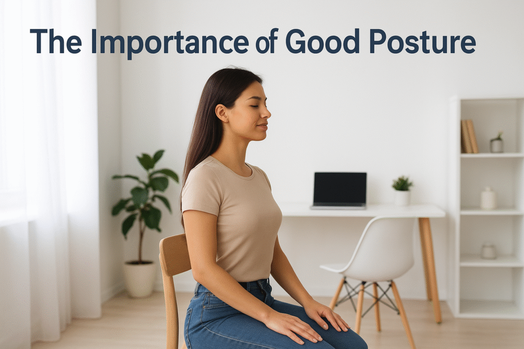 A young woman with straight posture sits confidently on a wooden chair in a bright, modern room with a desk and plants in the background, demonstrating good sitting posture.”